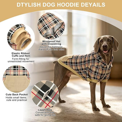 EXPAWLORER Plaid Dog Hoodie - British Style Warm Dog Sweater Shirt with Leash Hole,Pitbull Clothes Outfits,Winter Coat Apparel for All Breeds Puppy Girl Boy-Cat Apparel,Beige Large