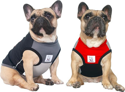 iChoue 2pcs French Bulldog Summer Cooling Shirt for Dogs UV Sun Protection Vest Sleeveless Breathable Tank Top English Pug Black Red Grey - Medium