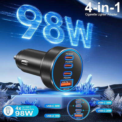 Car Charger USB C, 98W Multiport Fast Car Phone Cigarette Lighter USB Charger 12-24V USB Outlet Car Adapter Plug for iPhone 17/16/15 Pro Max,Galaxy S26/S25/S24 Ultra,Tablet, Android(Black)