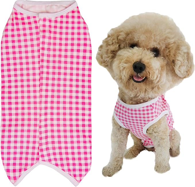 Dog’s Recovery Suit Post Surgery Shirt for Puppy, Wound Protective Clothes for Little Animals(Pink White Plaid-xs)