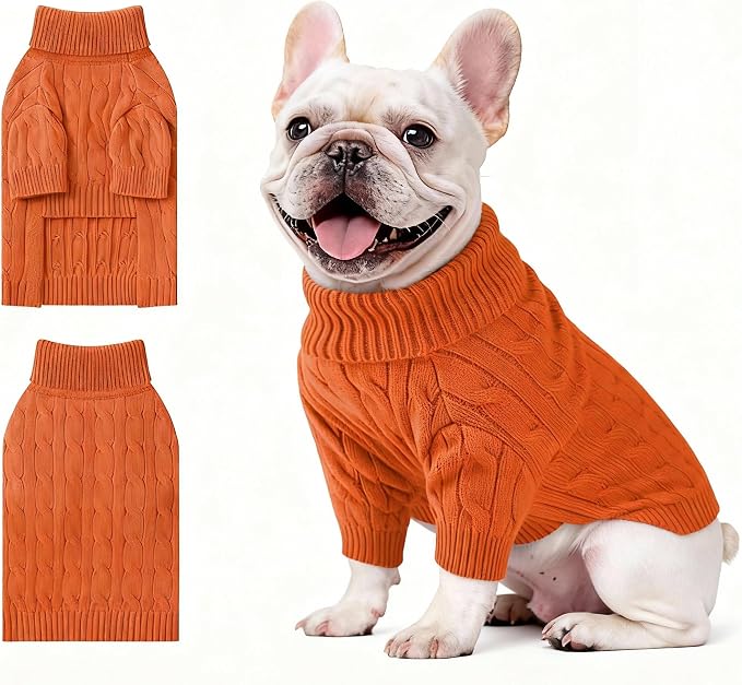 Small Dog Thermal Pullover Sweater, Classic Turtleneck Cable Knitwear Dog Clothes for Cold Weather Warm Pet Clothes for Chihuahua, Bulldog, Dachshund, Pug Orange Large