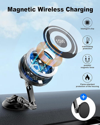 ZBF Magnetic Car Phone Holder, 15W for MagSafe Car Mount Charger(Fast Wireless Charging,Vacuum) 360°Adjustable Car Mount for Women Men iPhone 17-12