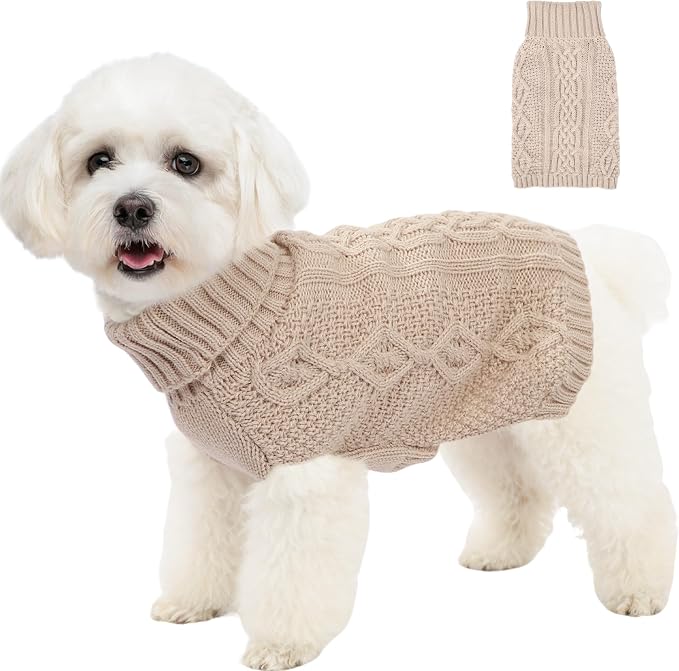 Dog Sweaters Small Dog Clothes Winter Turtleneck Puppy Sweater Warm Pet Cat Sweater Doggy Pullover Outfit with Twisted Design XS~XL (Beige, X-Large)