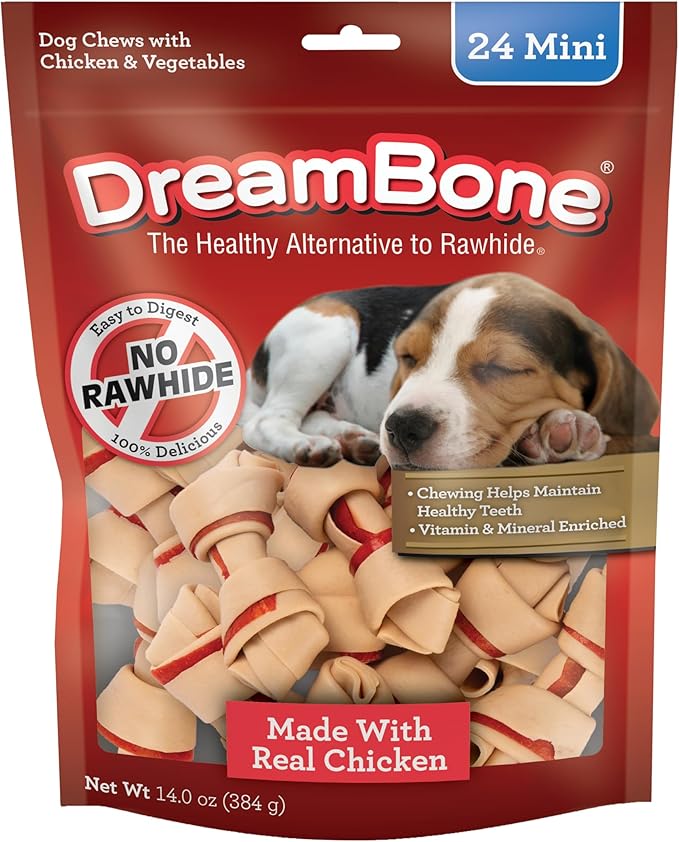 Chicken Mini Bone Dog Treats, Daily Rawhide-Free Chew, Digests Safely and Completely, With Real Protein, Chicken and Veggies, 24 count