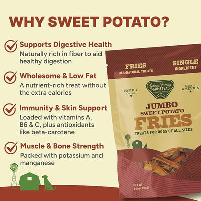 Gaines Family Farmstead Jumbo Sweet Potato Fries for Dogs – 8 oz, Chewy Single Ingredient, Grain-Free Dog Treats, Rawhide-Free Chews, High-Fiber Snacks for Training & Rewards, Made in USA