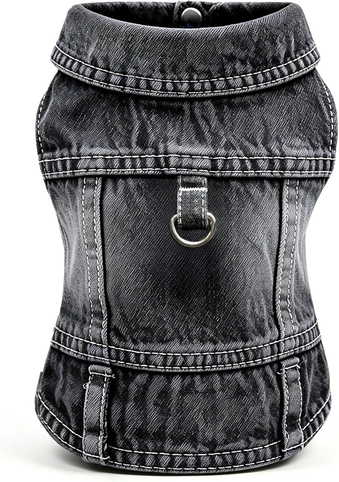 Dog Jean Jacket, Blue Denim Shirt Classic Lapel Vest Coat Costume Puppy T-Shirt, Comfort Tank Top Cool Apparel, Washed Pet Clothes for Dogs Boy Girl (Black with D-Ring, Medium)