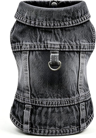 Dog Jean Jacket, Blue Denim Shirt Classic Lapel Vest Coat Costume Puppy T-Shirt, Comfort Tank Top Cool Apparel, Washed Pet Clothes for Dogs Boy Girl (Black with D-Ring, Small)