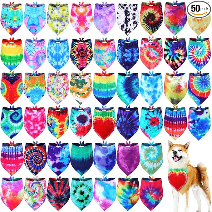 50 Pcs Summer Tie Dye Dog Bandanas Bulk Pet Scarf Grooming Salon Colorful Triangle Washable Male and Female Dog Bib Neckerchief for Puppy Large Pet Birthday Party Decor(X-Large)