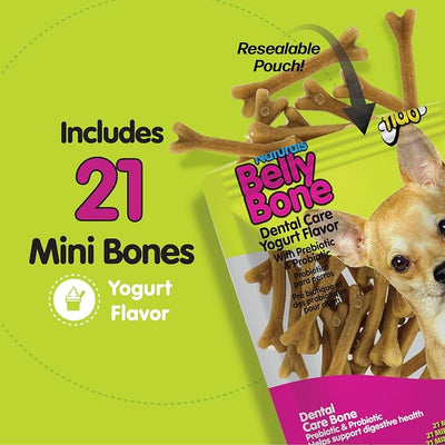 Fido Belly Bones for Dogs, Mini - 21 Count - Yogurt-Flavor Dental Treats for Small Dogs - Plaque & Tartar Control for Fresh Breath - Digestive Support - Made in USA