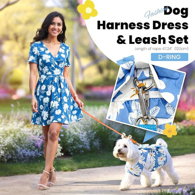 ABRRLO Cute Dog Dress Small Dog Clothes for Girls Female Puppy Outfits Blue Daisy Pet Summer Clothes Bowknot Doggy Cat Princess Dress Harness Set for Holiday Birthday Party Costume Clothing(Blue,XS)