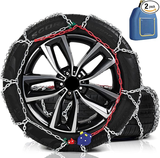 Auto-Tightening Snow Chains, 1-Minute Quick Install Tire Chains for Cars/SUVs/Trucks, 4.5MM Heavy-Duty Emergency Traction, Set of 2