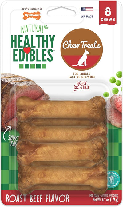 Nylabone Healthy Edibles Natural Chews, Long Lasting Dog Bones, Healthy Dog Treats, Roast Beef Flavor, X-Small (8 Count)