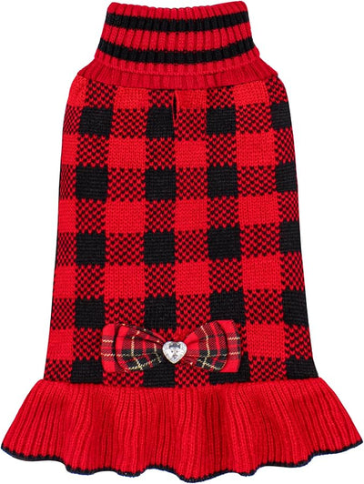 KYEESE Dog Christmas Sweater Dress with Bowtie Checkered, Turtleneck Dog Sweater for Small Dogs Girl with Leash Hole, Holiday Warm Pet Sweaters Dress, Red, Small