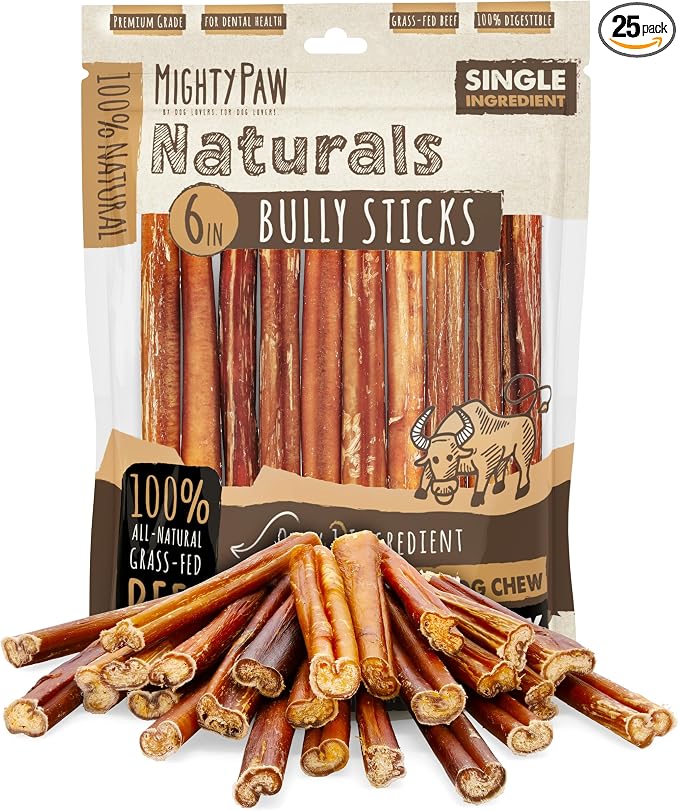 Naturals Bully Sticks for Dogs - Grass Fed Beef Dog Chews. Pets Stick for Large Dogs, Medium and Small Breeds. Lower Odor Bully Treats for Small Pets. Single Ingredient (6" - 25 Pack)