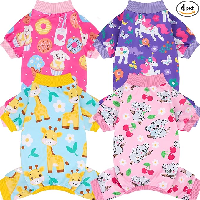 XPUDAC 4 Pieces Dog Pajamas for Small Medium Sized Dogs Stretchable Dog Pjs Soft Puppy Clothes Boy Girl Cats Pet Outfits, M