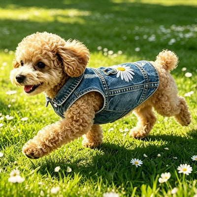 Dog Jean Jacket, Blue Denim Shirt Classic Lapel Vest Coat Costume Puppy T-Shirt, Comfort Tank Top Cool Apparel, Washed Pet Clothes for Dogs Boy Girl (Daisy Bloom with D-Ring, X-Small)