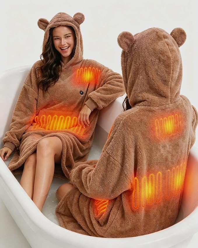 Oversized Heated Wearable Blanket, Battery Powered Fleece Hoodie Robe 7.4V 16000mAh 167°F Overheat Protection
