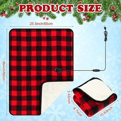 Tuanse 2 Pcs USB Heated Blanket 25"x35" Small Portable 5v 3 Setting Electric Blanket with Timer and Temperature Controller Winter Wearable Recharge Throw for Travel Home(Single Red and Black Plaid)