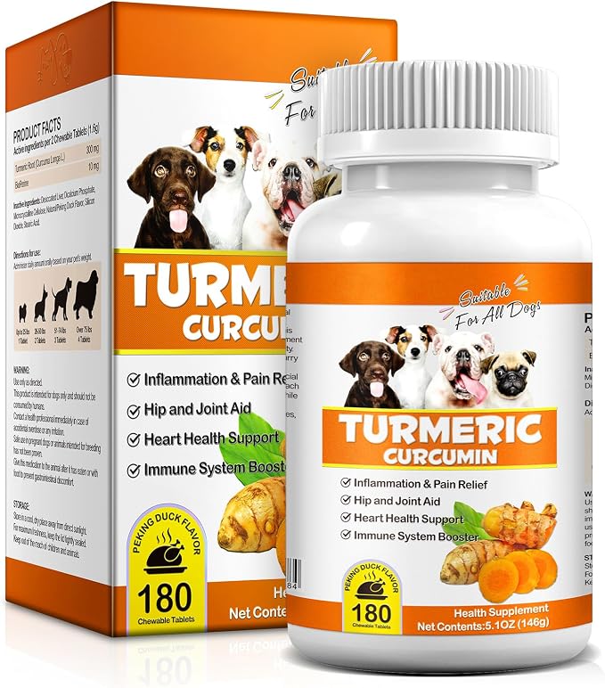 Turmeric Curcumin for Dogs, Hip & Joint Support, Heart Health Support, Immune System Booster, Dog Joint Supplement for All Ages Breeds & Sizes, 180 Chewable Tablets, Peking Duck Flavor