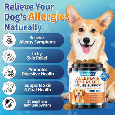 Carmelie Dog Allergy Relief Chews - Dog Itching Skin Relief 200 Chews, Yeast Treatment & Anti Itch Licking Paw, Itchy Skin and Ears for Seasonal Allergies, Probiotics Gut Digestive & Immune Support
