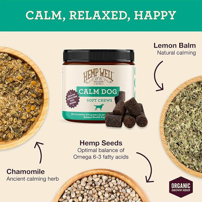 Hemp Well Calm Dog Soft Chews: Organic Hemp Infused with Melatonin - Calming Chews for Separation, Thunderstorms, and Stress - 8 Chews
