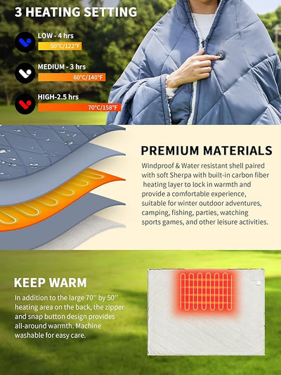 Heated Blanket Battery Operated,12V Cordless heating pad with 15000 battery,Heated Shawl Throw Blanket,Wearable Heated Blanket,Sherpa Lining,3 Heating Set for Outdoor Camping,Backpacking,Hiking,Travel