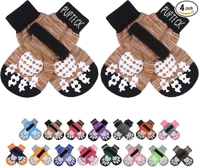Anti-Slip Dog Socks with Double Sides Grips for Small Medium Large Dogs Hardwood Floors Prevents Licking, Dog Shoes for Hot Pavement Traction Control Paw Protector for Senior Dogs, Khaki M