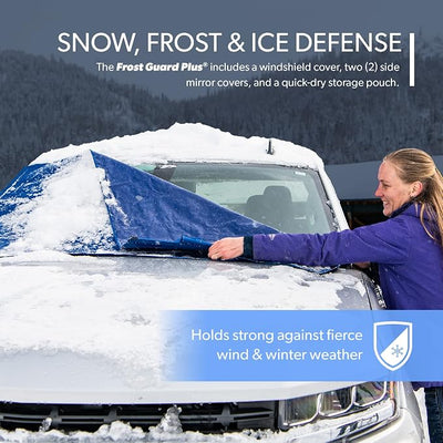 FrostGuard Plus | Winter Windshield Cover for Ice and Snow, Standard Size (Indigo) - Built-in Security Panels, Wiper Blade Coverage + Mirror Covers - Fits Standard Size Cars, 59 x 41 Inches