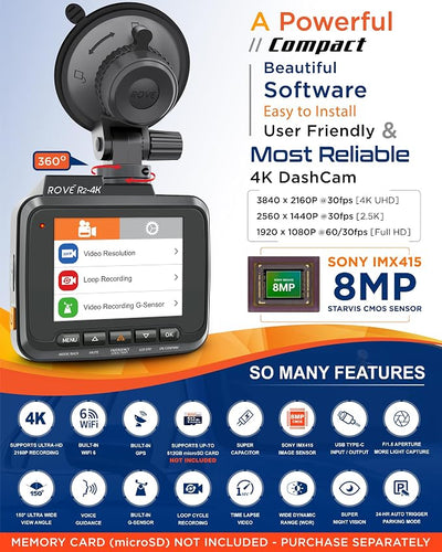 ROVE R2-4K Dash Cam, 4K UHD 2160P Car Camera with 8MP CMOS Sensor, Built-in WiFi 6 and GPS, Dash Camera For Cars with 2.4" Screen, Super Night Vision, 150" Wide Angle, Parking Mode, Supports 512GB Max