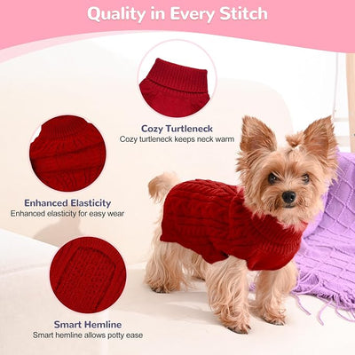 Dog Sweater 2 Pack for Small Dogs, Size XS, Pink & Red | Stretchy cable knit turtleneck, machine washable, high belly cut, comfy winter fit for Chihuahua, Yorkie