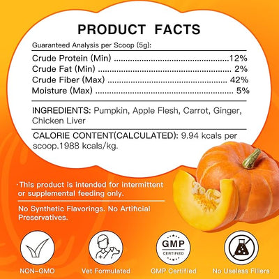 Pumpkin for Dogs and Cats - Pumpkin Powder to Make Puree, Natural Fiber for Dogs with Apple, Carrot, Ginger, Promote Regularity, Support Digestion, Diarrhea, Constipation, 60 Scoops