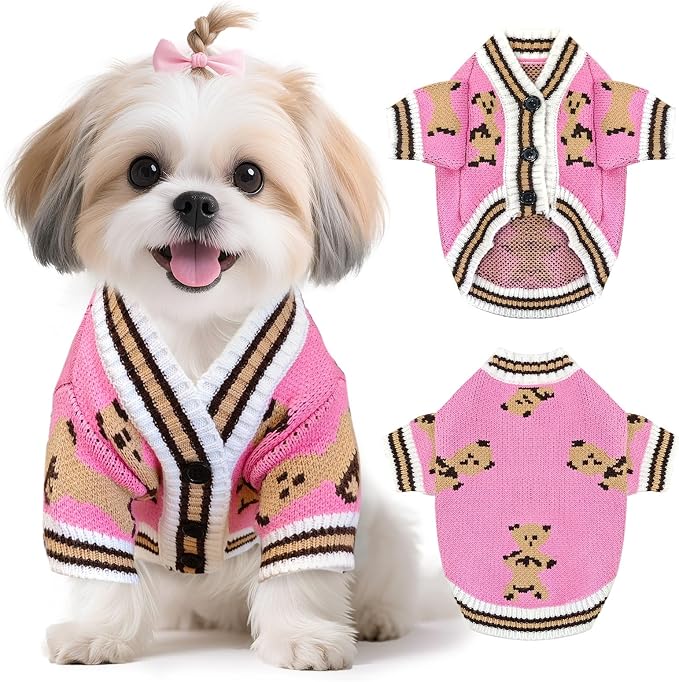 Small Dog Sweaters Cute Bear Knitted Dog Cardigans Clothes for Small Medium Dogs Soft Pet Puppy Cat Knitting Outfits Fall Winter Warm Boy Girl Dogs Knitwear Coat Apparel(Pink, X-Small)