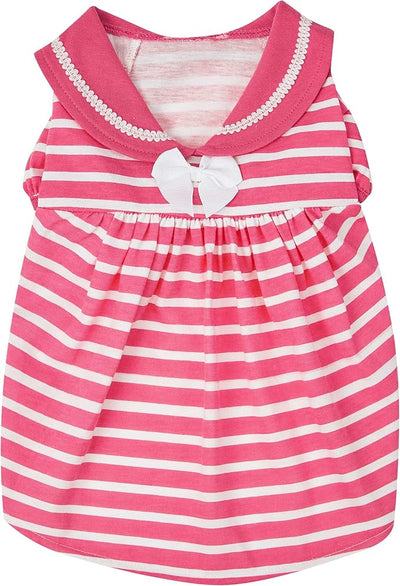 Blueberry Pet Sea Lover Rose Pink Striped Cotton Blend Dog Dress with Bowtie, Back Length 12", Pack of 1 Clothes for Dogs
