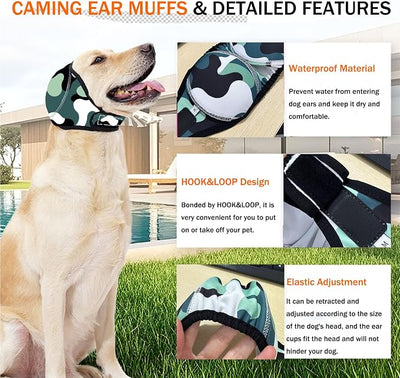 BAMY Swimming Waterproof Dog Ear Caps Calming Large Dog Ears Cover Shower Cap for Ear Protection for Bath for Grooming (Camouflage, L (Size L: Head Circumference 18"-24"))