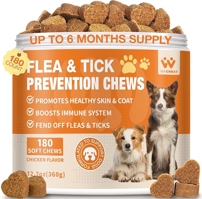 Flea and Tick Prevention for Dogs Chewables - Natural Dog Flea and Tick Treatment Chewable - Oral Flea Supplement for Dogs - Puppy Flea Support - All Breeds & Ages - 180 Soft Chews
