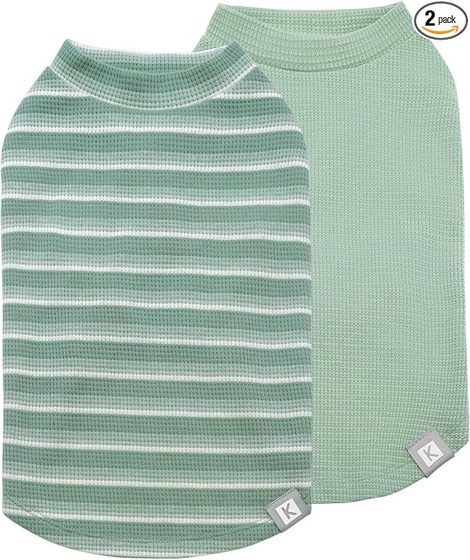 2Pack Waffle Dog Shirts, Lightweight Sleeveless Dog T Shirts for Small Dogs Boy Girl, Breathable Pet Vest Comfortable Tank Top Soft Dogs Clothes for Daily Wear, Green+Striped, M