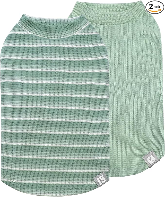 2Pack Waffle Dog Shirts, Lightweight Sleeveless Dog T Shirts for Small Dogs Boy Girl, Breathable Pet Vest Comfortable Tank Top Soft Dogs Clothes for Daily Wear, Green+Striped, L