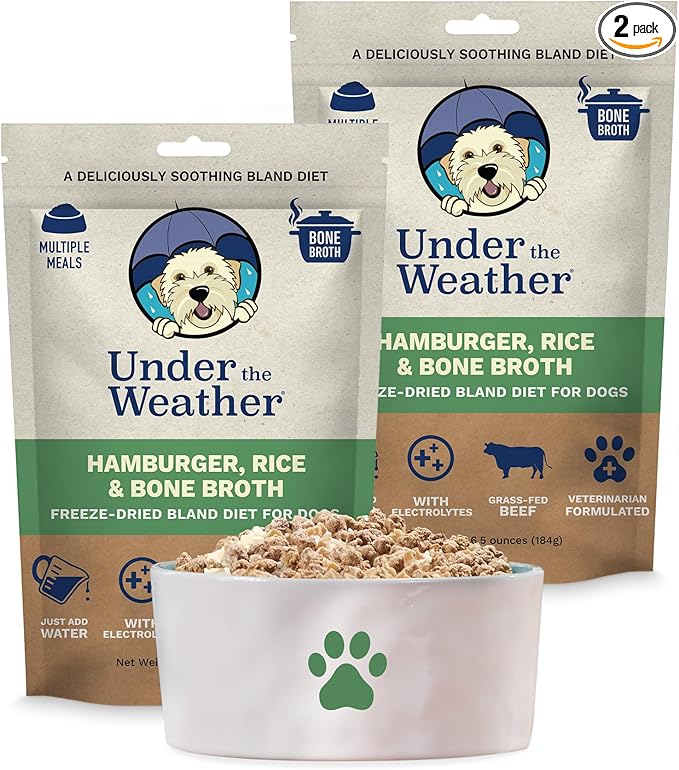 Bland Diet for Dogs | Easy to Digest for Sick Dogs | Always Be Ready | Contains Electrolytes - Natural Freeze Dried 100% Human Grade Meats| 2 Pack- Rice, Hamburger & Bone Broth - 6oz