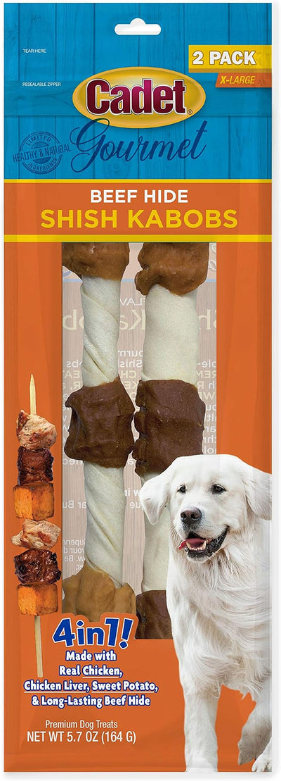 Cadet Gourmet Shish Kabob Dog Chews for Large Breeds, Rawhide Treats For Dogs with Chicken and Sweet Potato, Healthy & Natural Beef Hide, 10-Inch Sticks, 2 Count