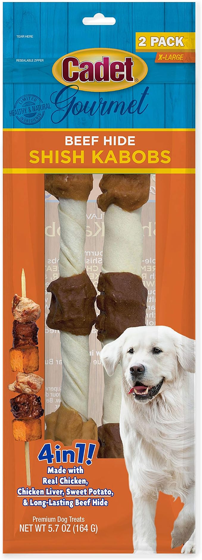 Cadet Gourmet Shish Kabob Dog Chews for Large Breeds, Rawhide Treats For Dogs with Chicken and Sweet Potato, Healthy & Natural Beef Hide, 10-Inch Sticks, 2 Count