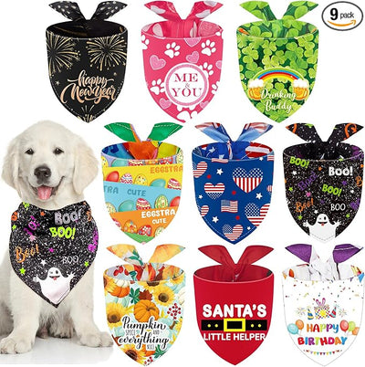 Weewooday 9 Pcs Holiday Dog Bandanas Halloween Boo Bandanas Fall Thanksgiving Seasonal Birthday Adjustable Large Pet Washable Scarves Bibs for Christmas Boy Medium Supply