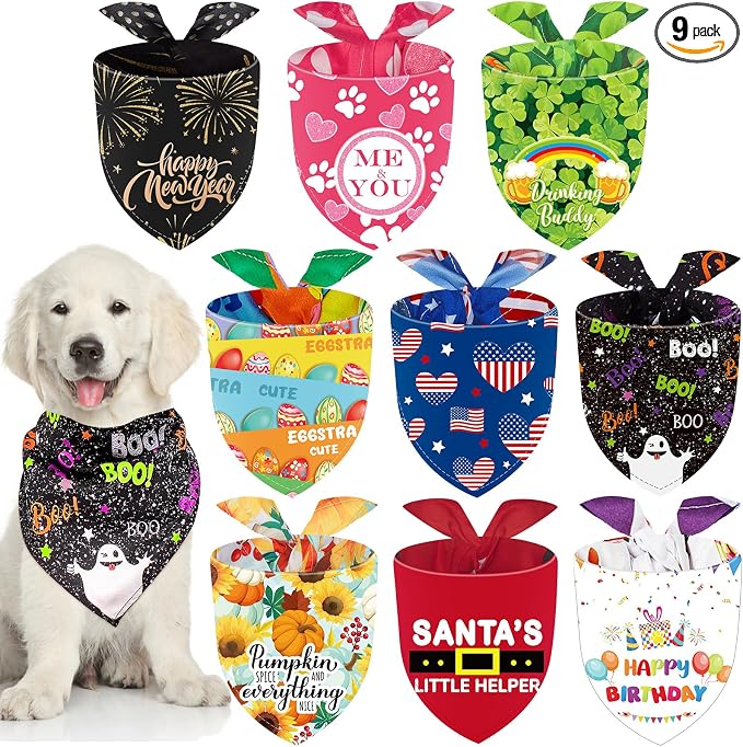 9 Pcs Holiday Dog Bandanas Halloween Boo Bandanas Fall Thanksgiving Seasonal Birthday Adjustable Large Pet Washable Scarves Bibs for Christmas Boy Medium Supply