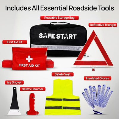 Safe Start Car Emergency Kit - Car Safety Kit with First Aid, Safety Hammer, Reflectors, Gloves, Ice Shovel - Compact Roadside Tool Kit for Repairs, Snow, Accidents - Protect Your Family on the Road