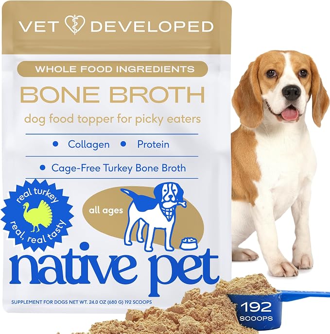 Bone Broth for Dogs and Cats - Turkey Bone Broth Powder Dog Food Toppers for Picky Eaters - Provides Extra Nutrition for Joint Strength, Immune Support & Heart Health - 192 Scoops