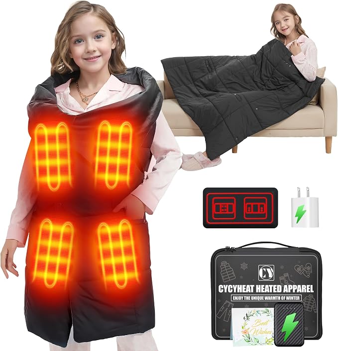 CYCYHEAT Kids Heated Blanket Battery Operated - Boys and Girls 7.4V DC Portable Cordless USB Heating Blanket for Outdoors