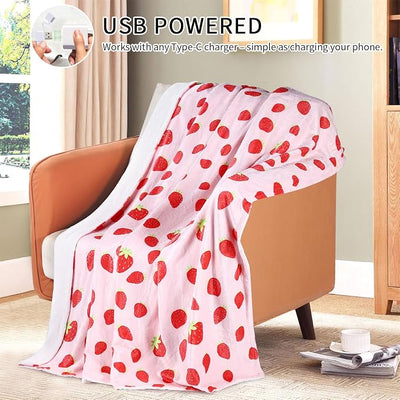 USB Powered Heated Throw Blanket for Women,50"X60" 9V 18W Portable Strawberry Print Electric Heating Blanket with 3 Heat Setting,8-Zone Graphene Heating Blankets for Couch Car Office Outdoor