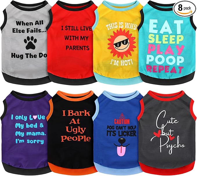 8 Pieces Dog Shirts Pet Printed Clothes with Funny Letters Summer Pet T Shirts Cool Puppy Breathable Dog Outfit Soft Sweatshirt Cats(Delicate Pattern,Small)