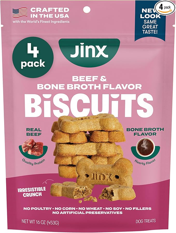 Oven-Baked Beef Bone Broth Biscuit Treats, Crunchy, All Natural, Superfood-Rich with Real Beef, Pumpkin & Blueberries, 16oz, 4 Pack