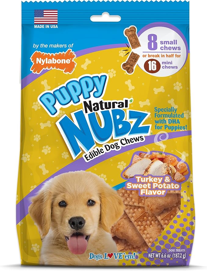 Nubz Natural Dog Chew Treats for Puppies, Long Lasting Dog Chew Bones Made in USA, Puppy Training Treats, Turkey & Sweet Potato Flavor, for Small Dogs Up to 25 lbs. (8 Count)
