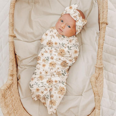 Konssy Baby Girl Newborn Receiving Blanket with Headband Set Baby Swaddle Nursery Swaddle Wrap